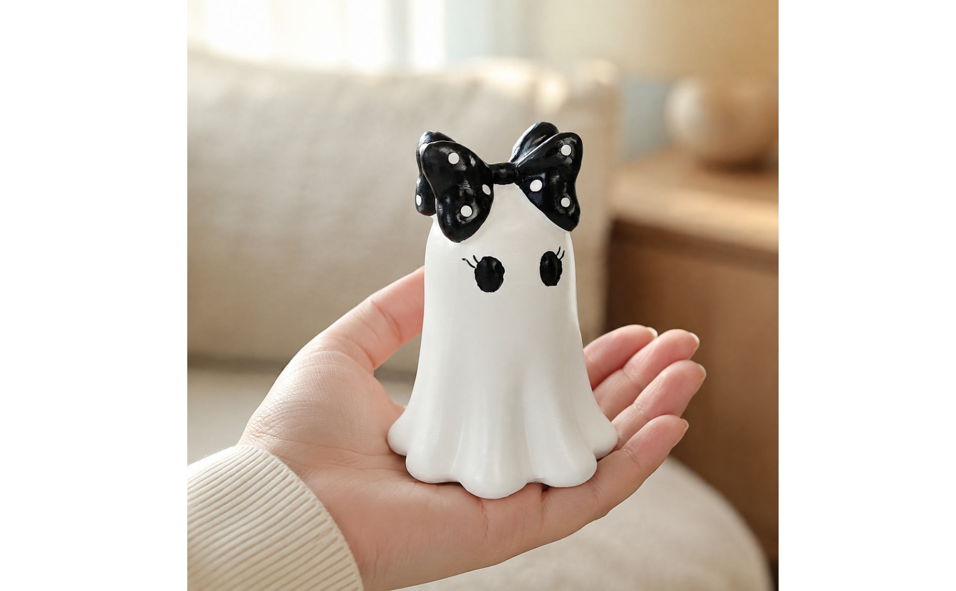 Resin Halloween Ghost Figurine Cute Ghost Figurine with Spotted Bow Spooky