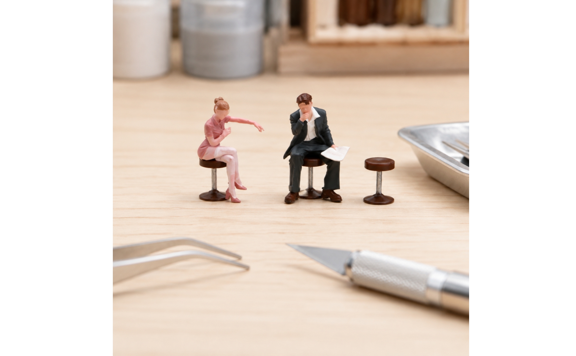 Diorama Figure Set Non-Electric Seated Couple Miniature Figure Set with Stools