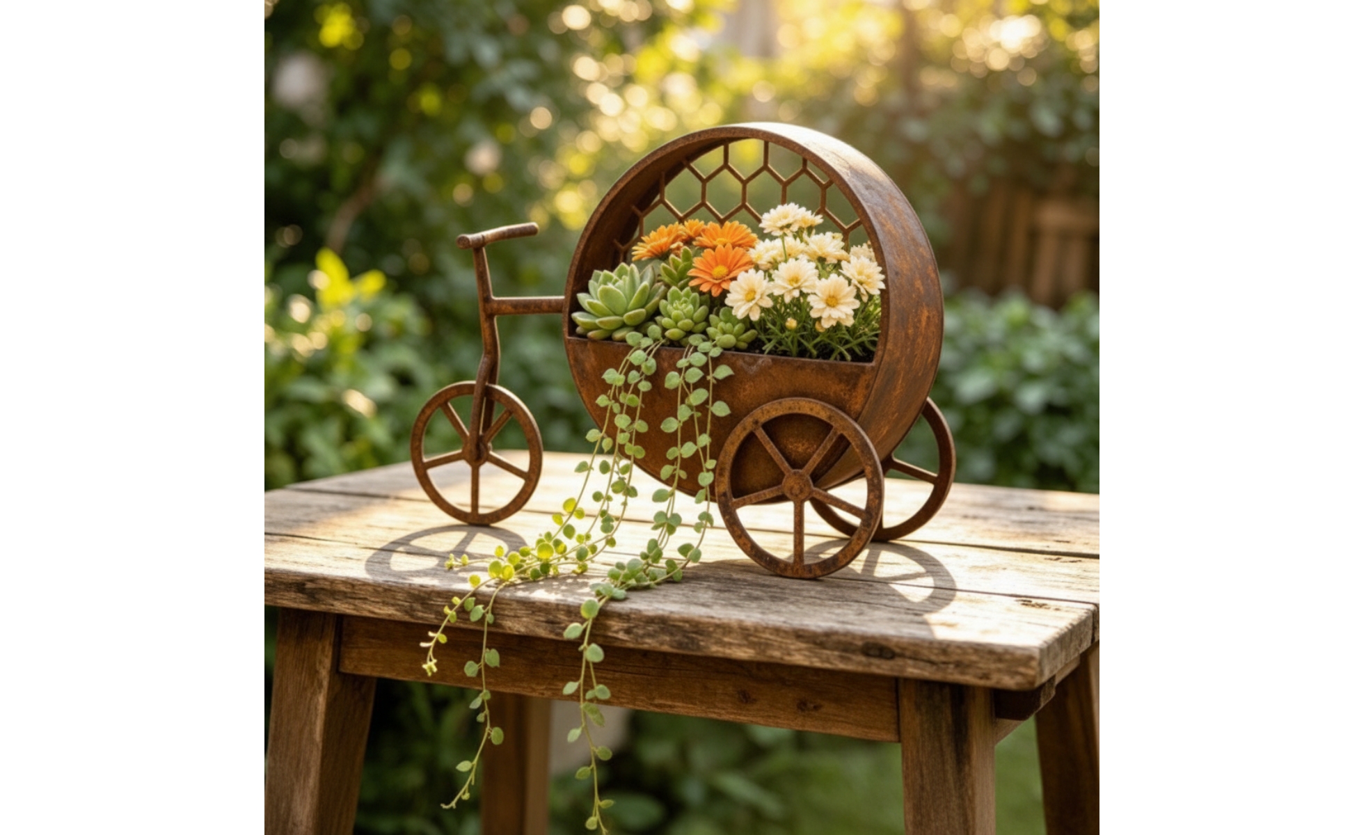 Iron Tricycle Flower Stand Indoor Outdoor for Courtyard, Entryway