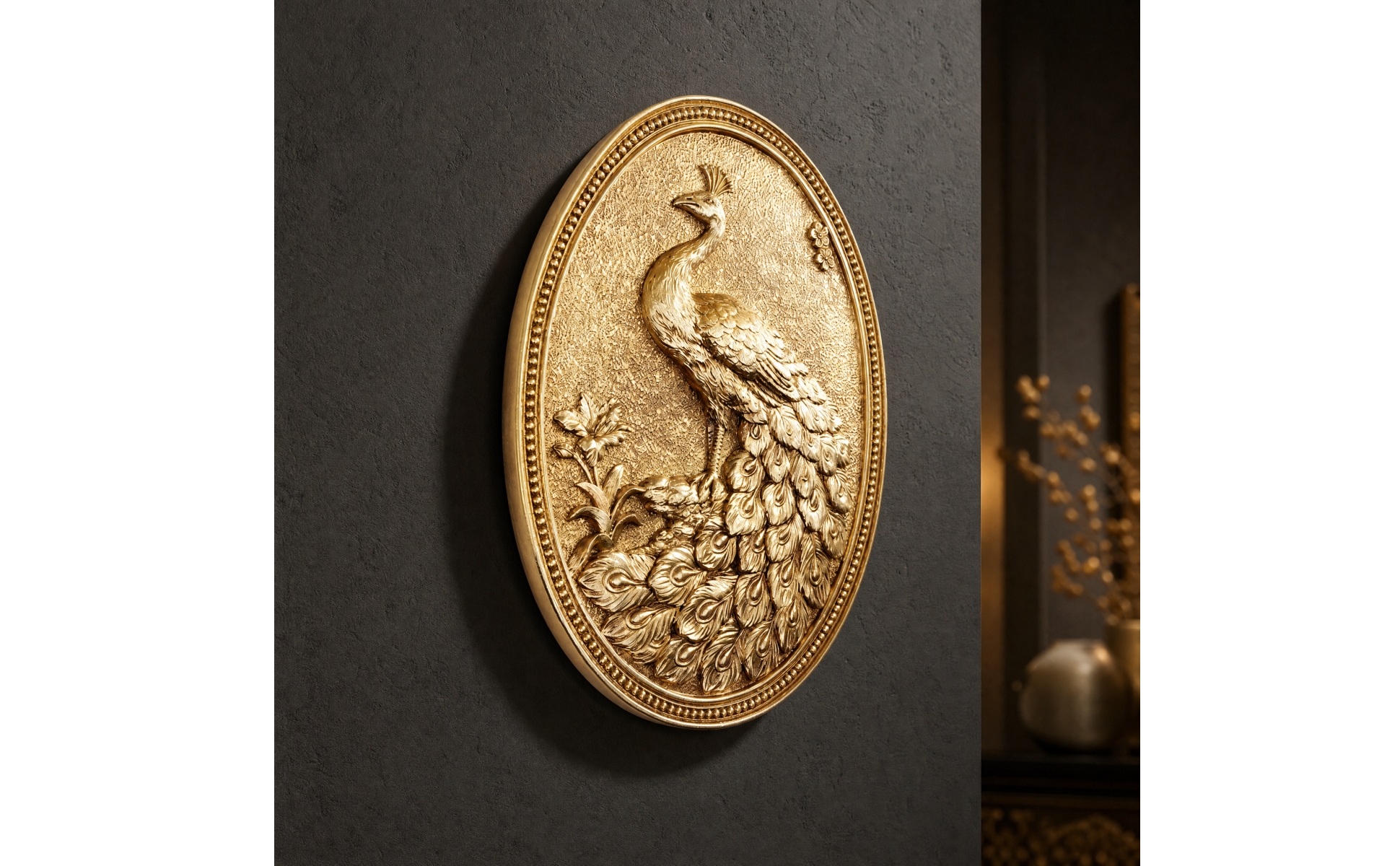 3D Peacock Wall Plaque Embossed Oval Decorative Wall Plaque Textured for Hallway
