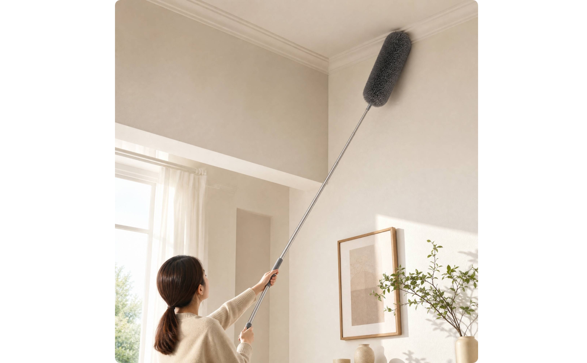 Fiber Duster with Telescoping Rod Reusable Dusting Wand with Replaceable Head