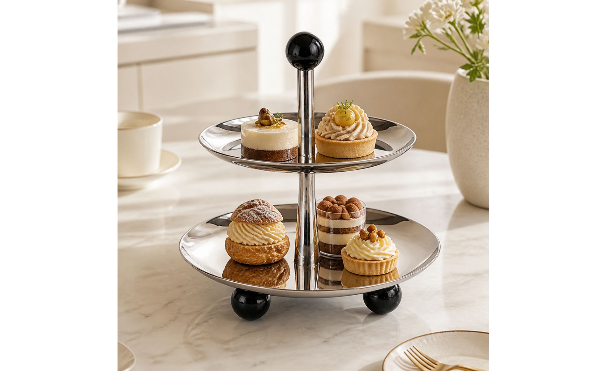 Metal Dessert Stand with Two Trays Silver for Tea Service, Entertaining