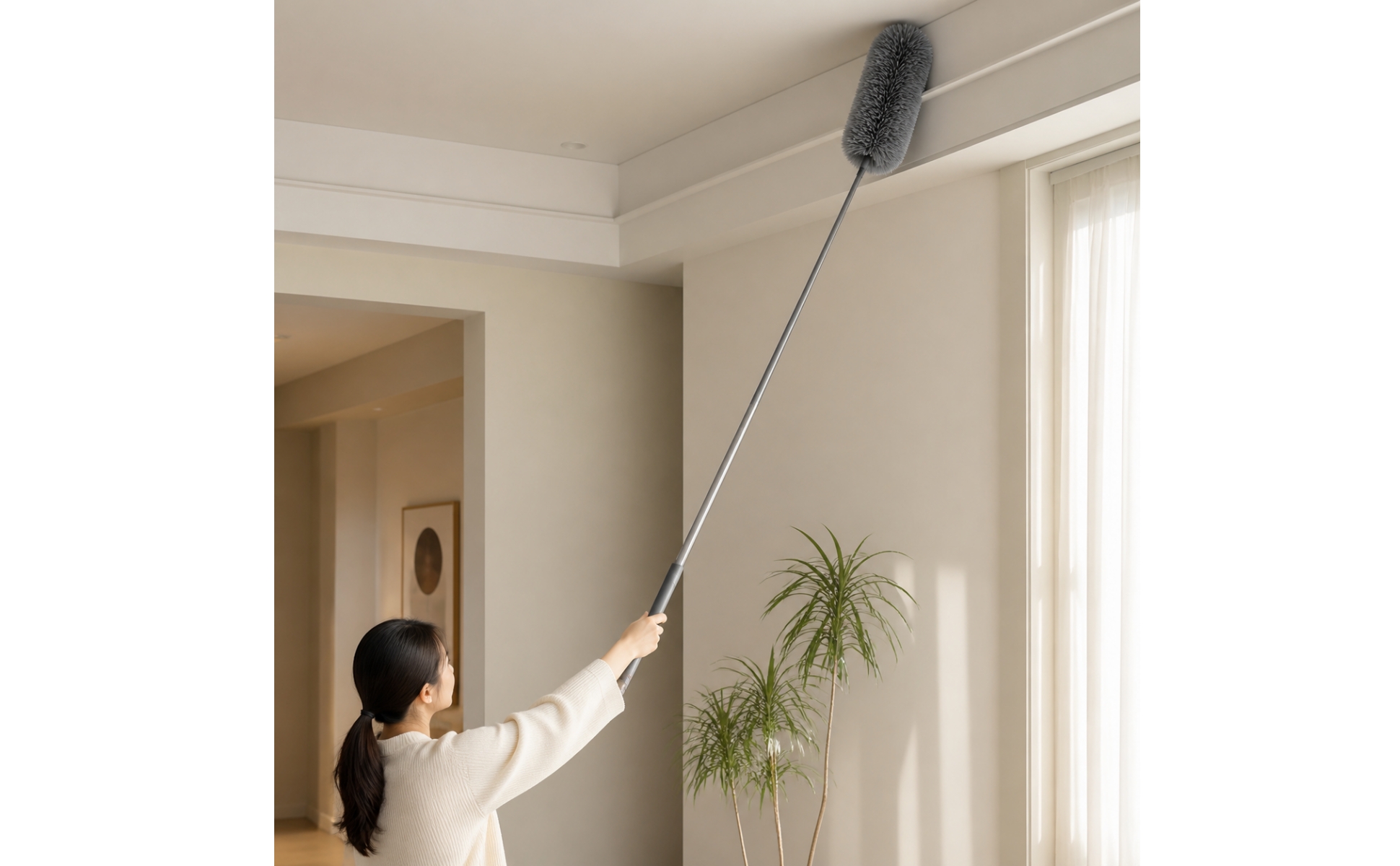 Fiber Duster with Telescoping Rod Reusable Dusting Wand with Replaceable Head