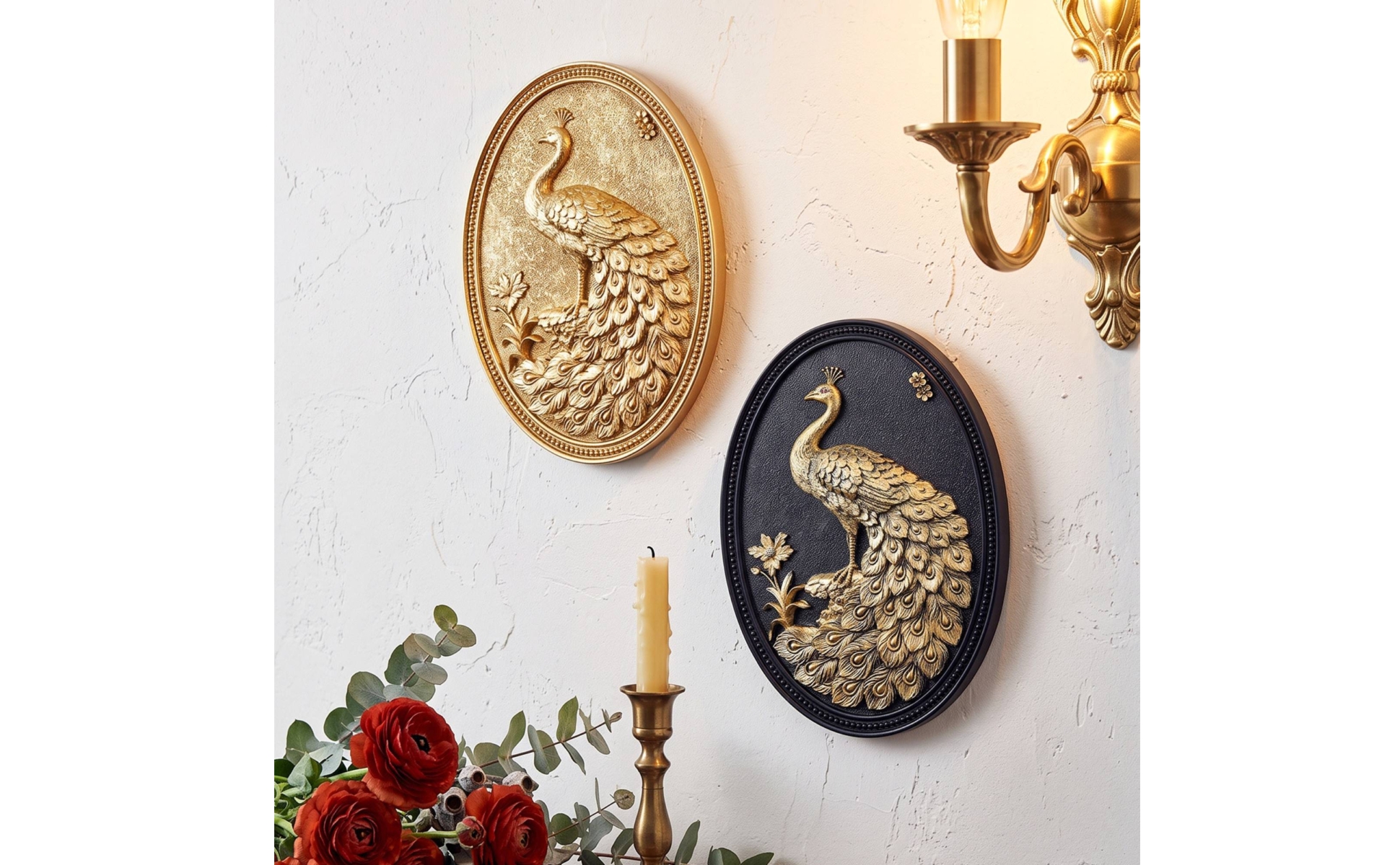 3D Peacock Wall Plaque Embossed Oval Decorative Wall Plaque Textured for Hallway
