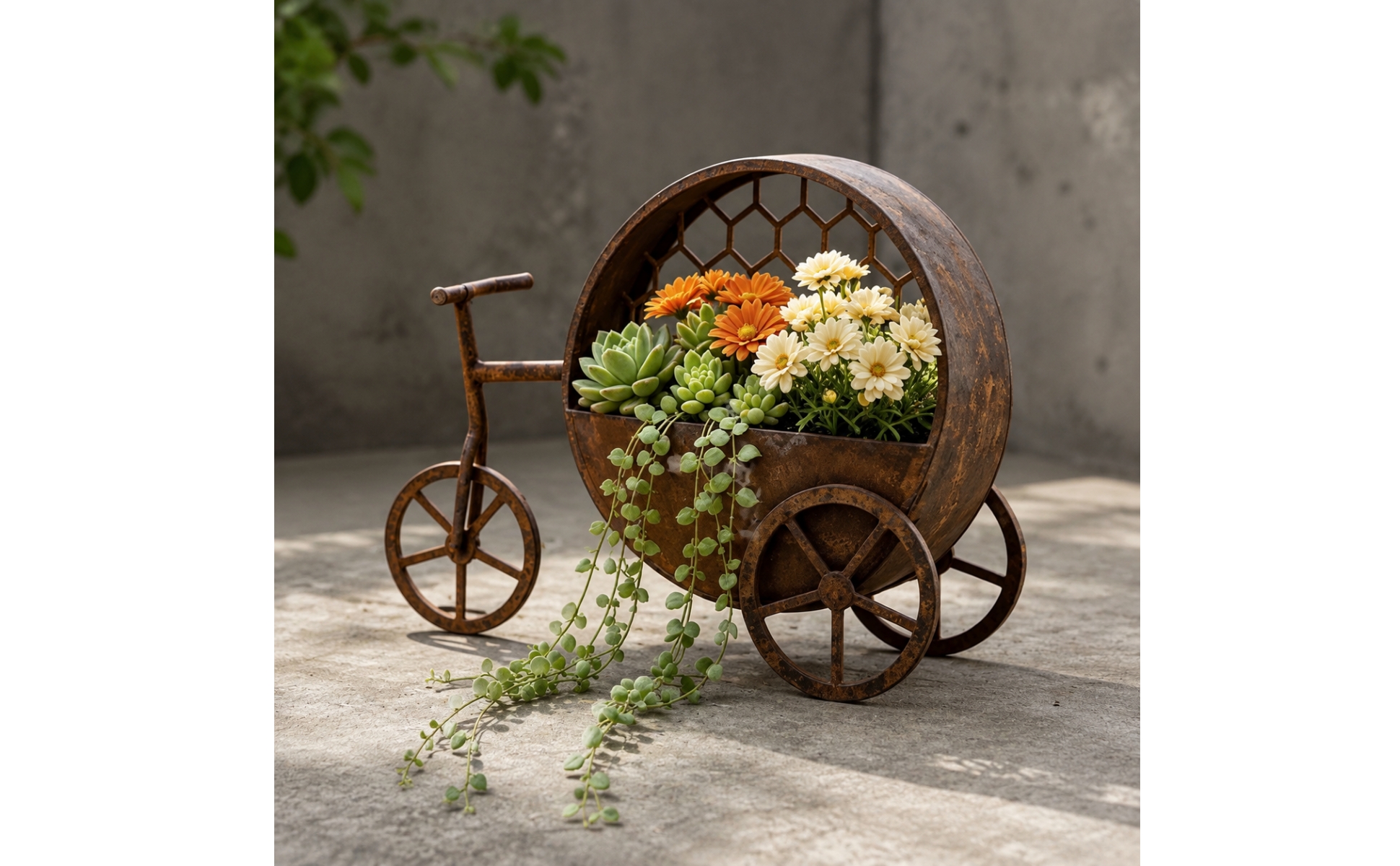 Iron Tricycle Flower Stand Indoor Outdoor for Courtyard, Entryway