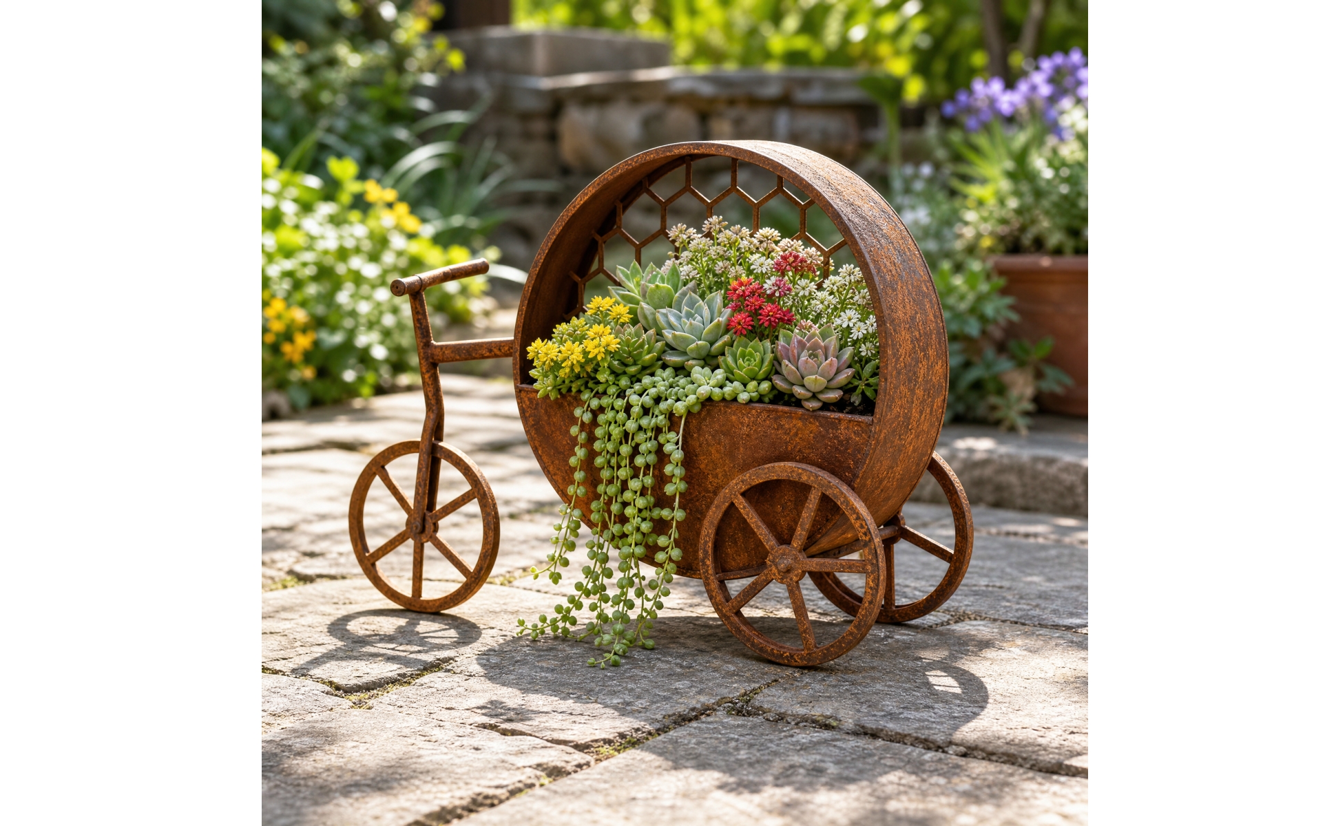 Iron Tricycle Flower Stand Indoor Outdoor for Courtyard, Entryway