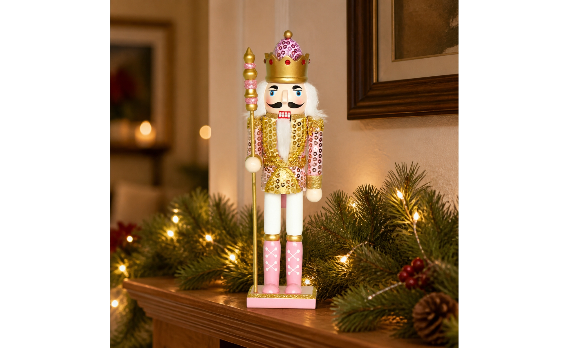 Crowned King Nutcracker with Scepter Painted Finish for Shelf Decor, Living Room