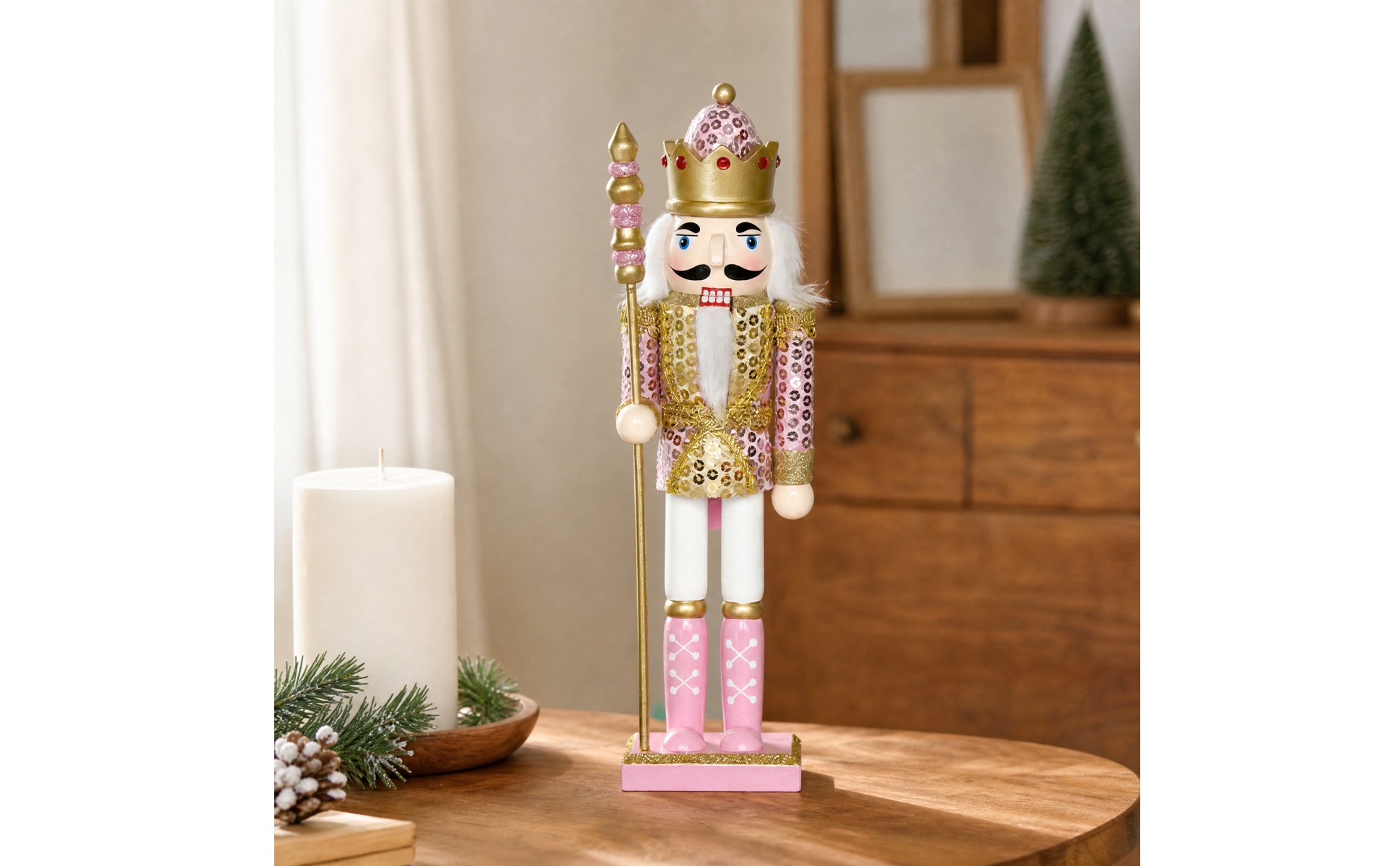 Crowned King Nutcracker with Scepter Painted Finish for Shelf Decor, Living Room