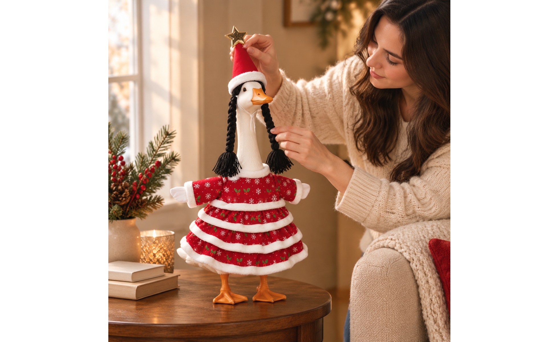 Christmas Goose Statuary Costume Festive Goose Statue Costume with Santa Hat