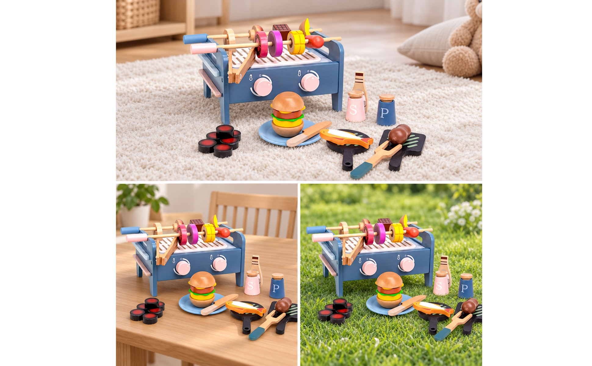 Wooden Barbecue Playset with Play Food Colorful for Playroom, Children, Toddlers