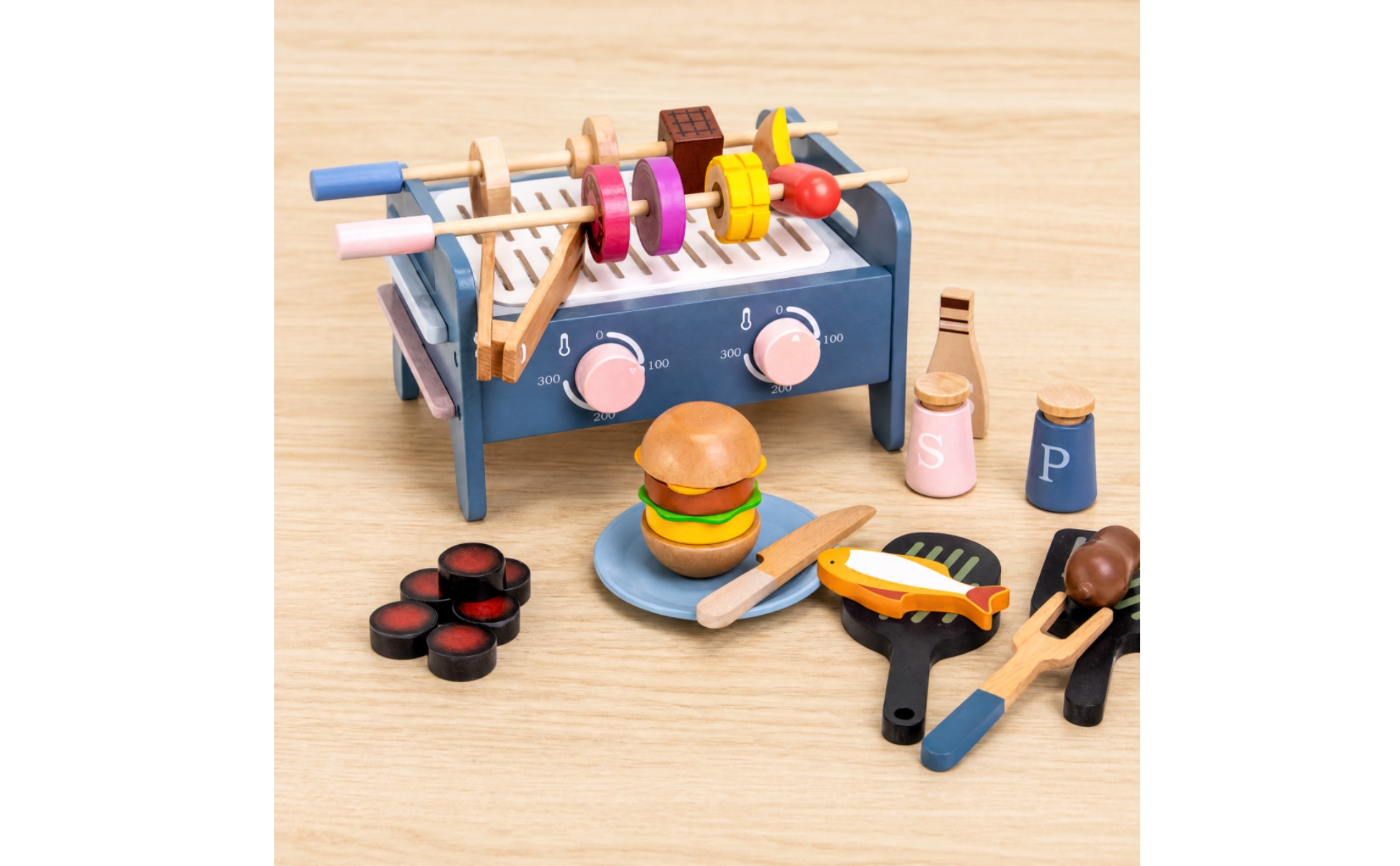 Wooden Barbecue Playset with Play Food Colorful for Playroom, Children, Toddlers