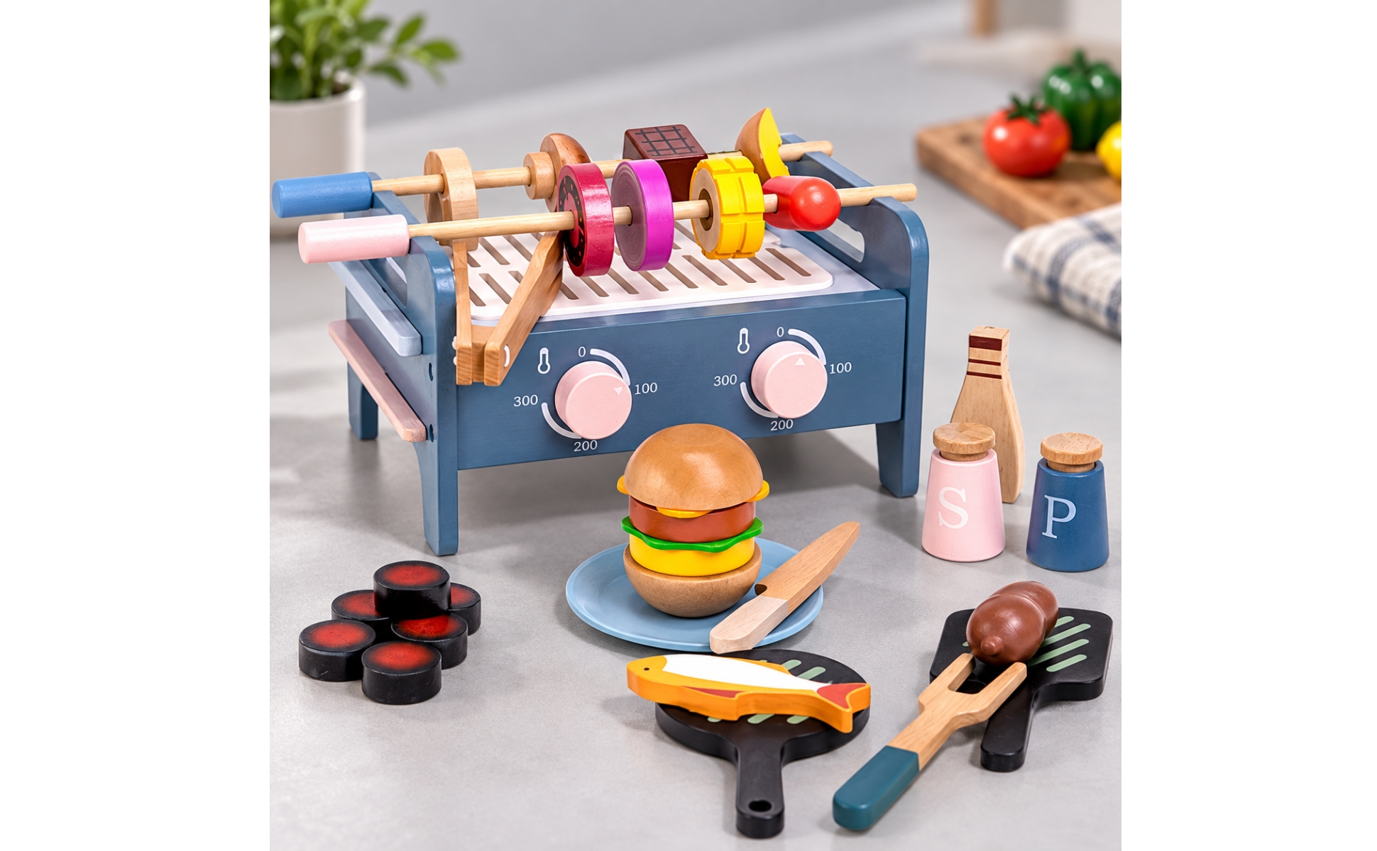 Wooden Barbecue Playset with Play Food Colorful for Playroom, Children, Toddlers