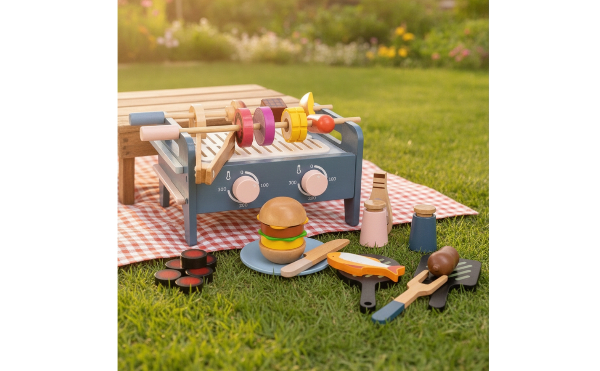 Wooden Barbecue Playset with Play Food Colorful for Playroom, Children, Toddlers