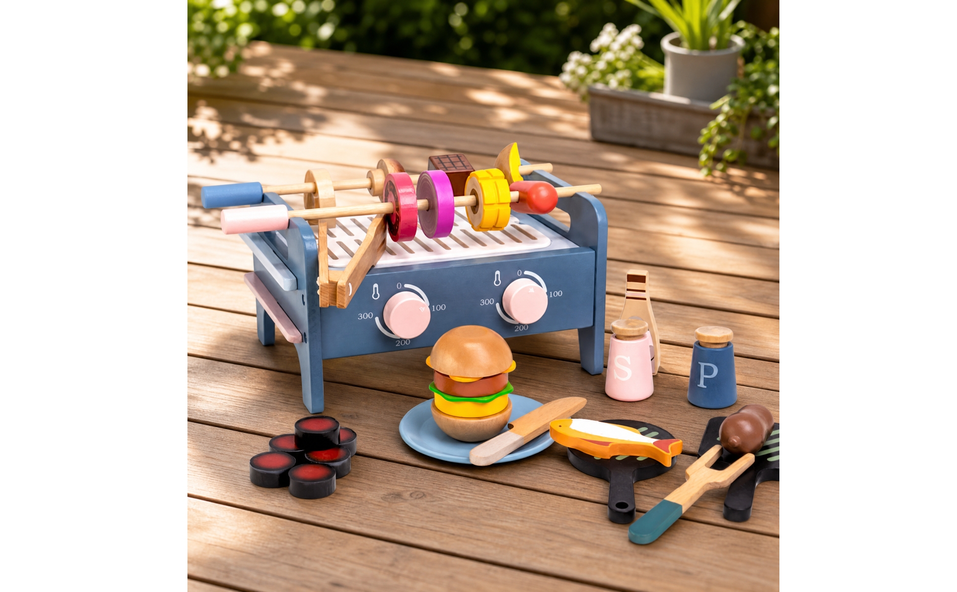 Wooden Barbecue Playset with Play Food Colorful for Playroom, Children, Toddlers