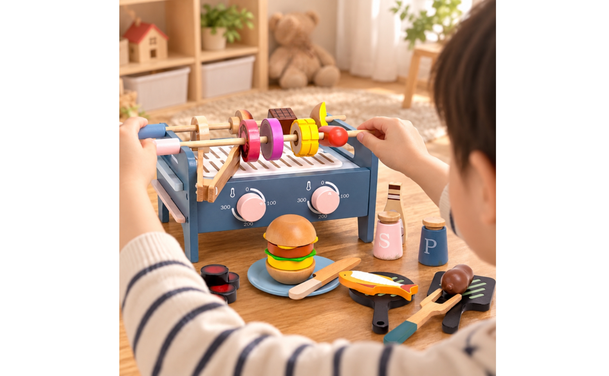 Wooden Barbecue Playset with Play Food Colorful for Playroom, Children, Toddlers