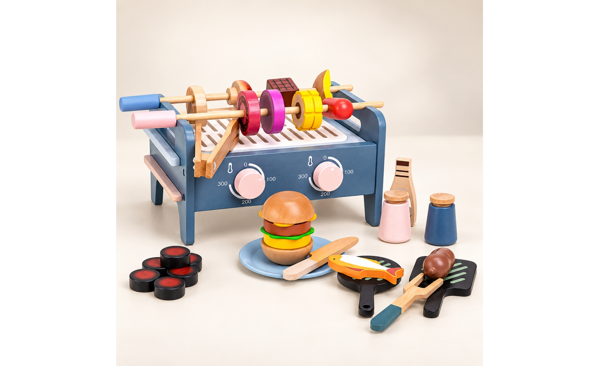 Wooden Barbecue Playset with Play Food Colorful for Playroom, Children, Toddlers