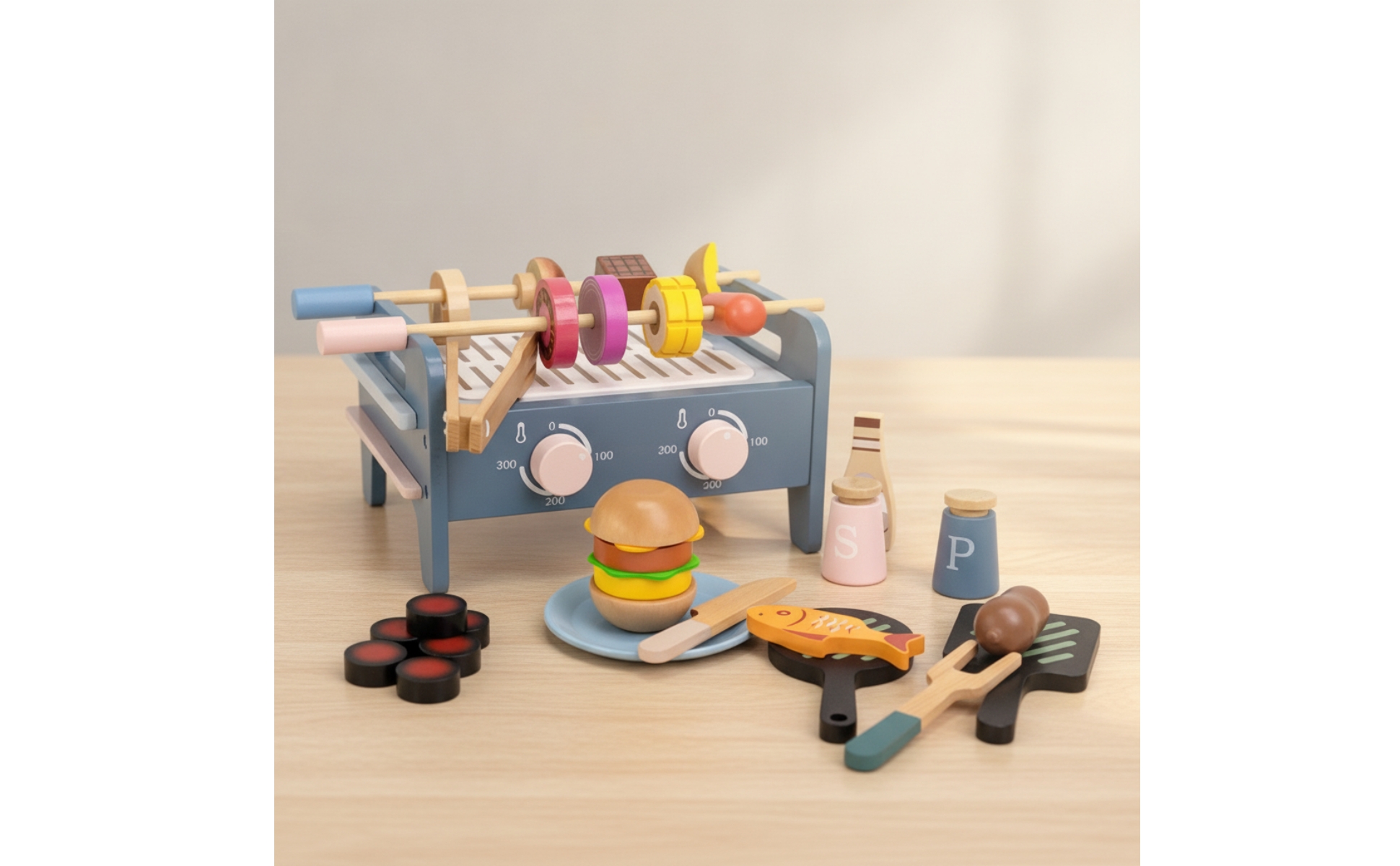 Wooden Barbecue Playset with Play Food Colorful for Playroom, Children, Toddlers