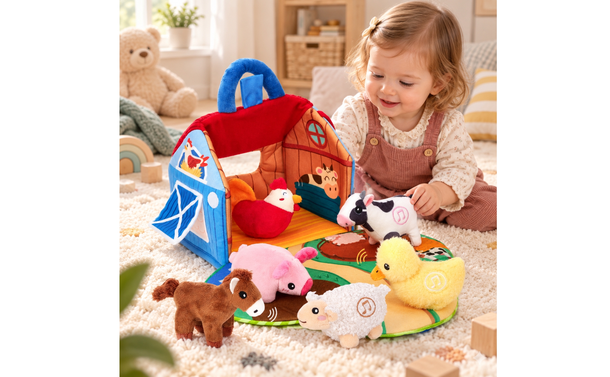 Portable Barn Play Set with Soft Farm Animals Textured Farm-Themed Activity Toy