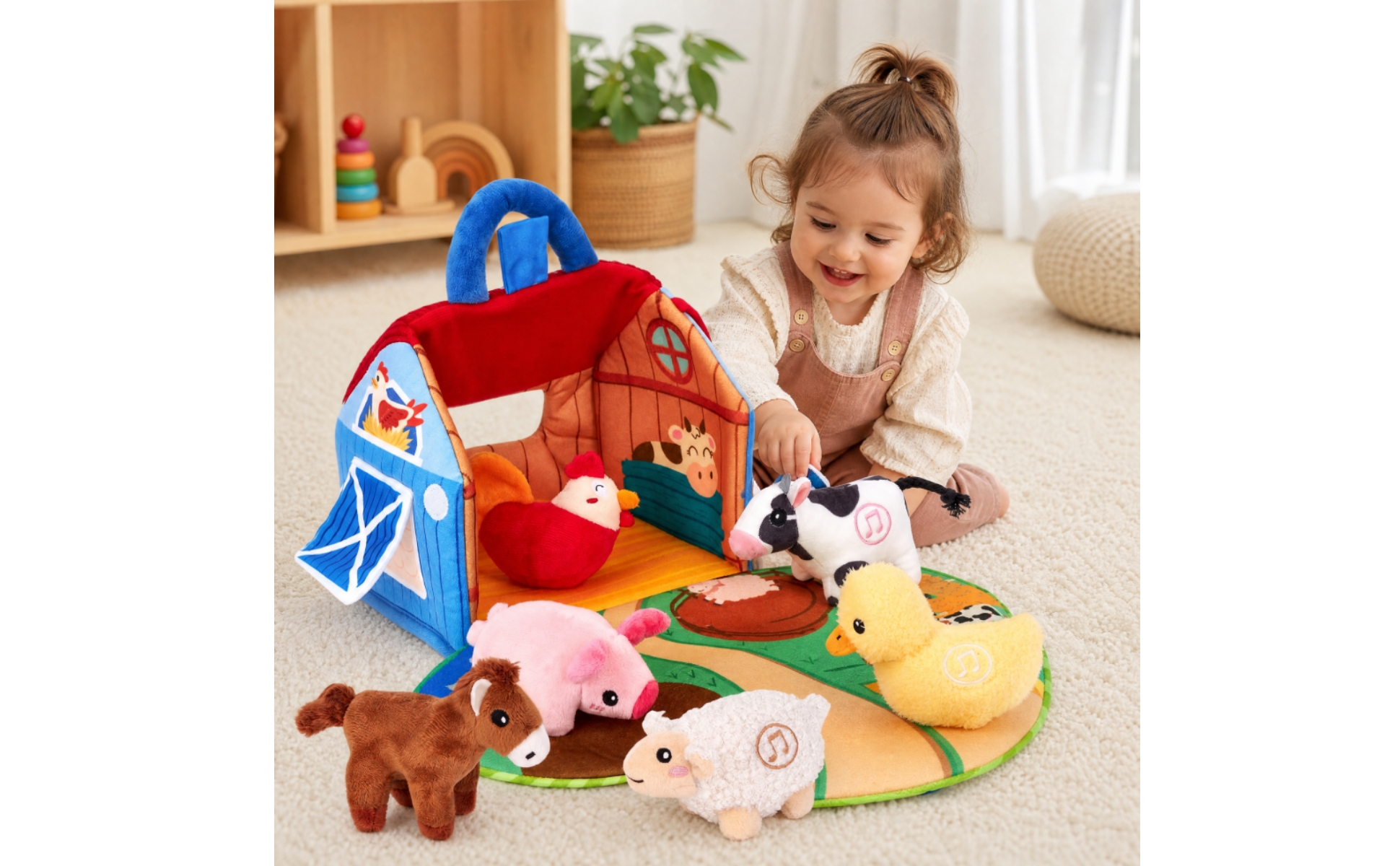 Portable Barn Play Set with Soft Farm Animals Textured Farm-Themed Activity Toy