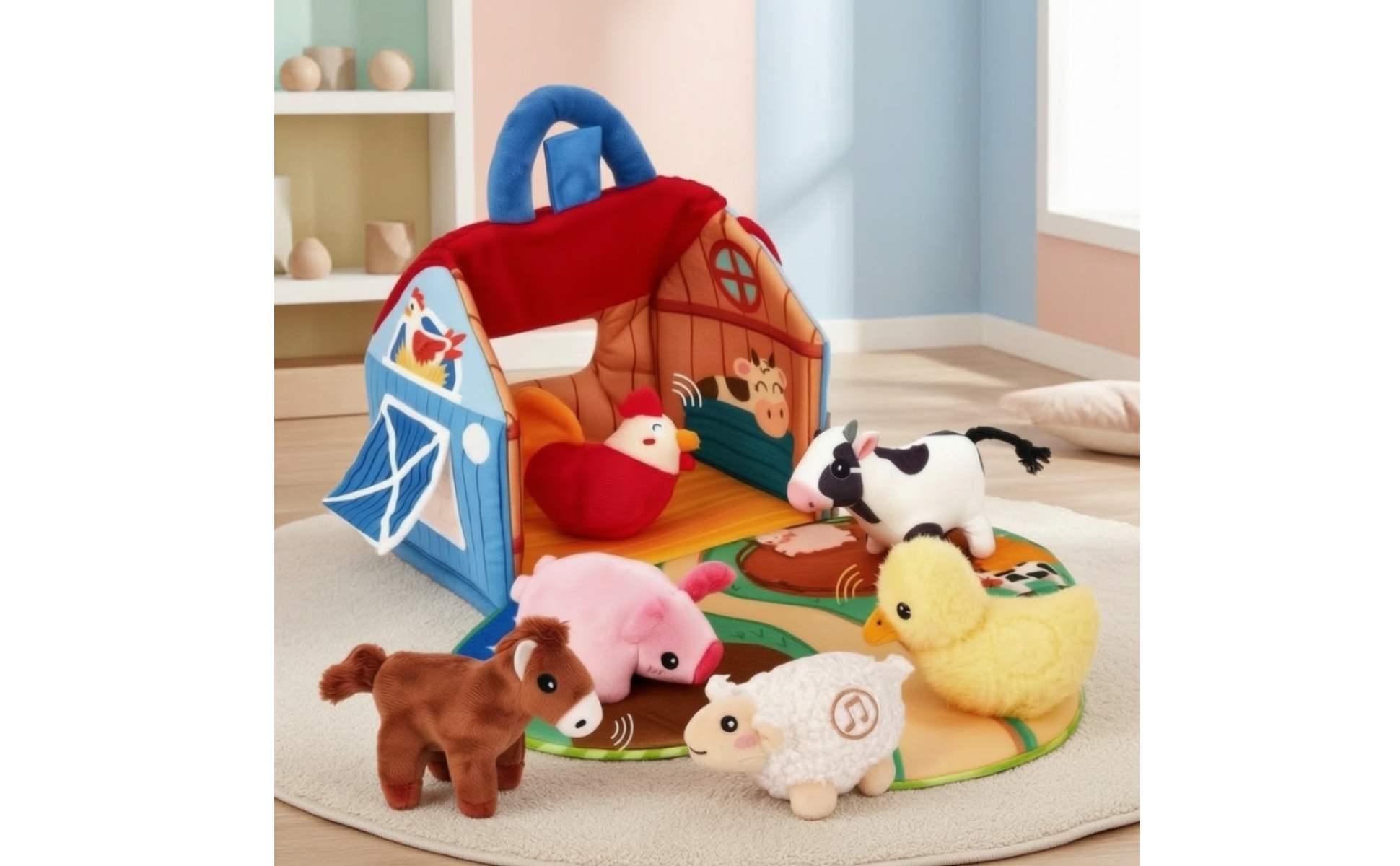 Portable Barn Play Set with Soft Farm Animals Textured Farm-Themed Activity Toy