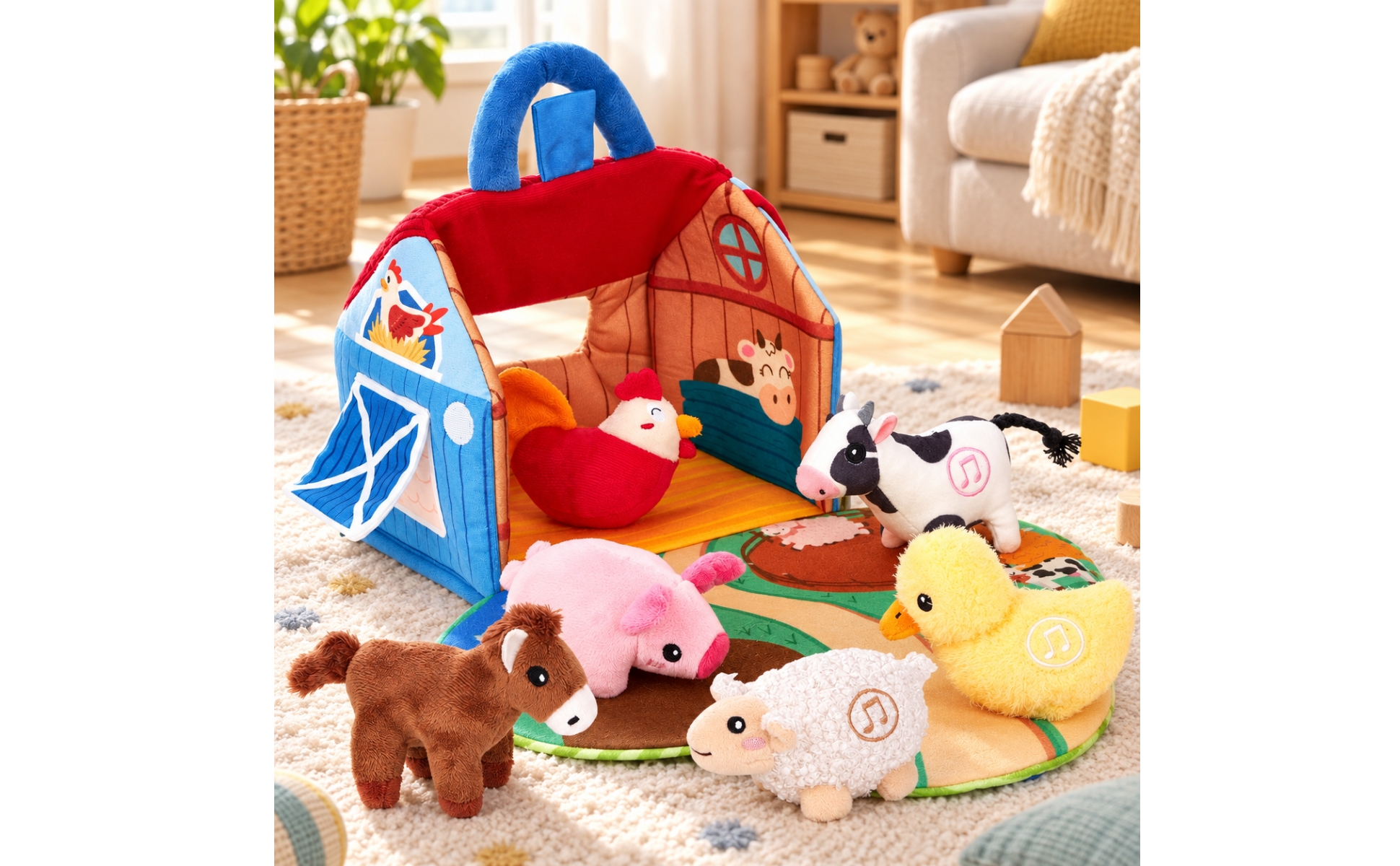 Portable Barn Play Set with Soft Farm Animals Textured Farm-Themed Activity Toy