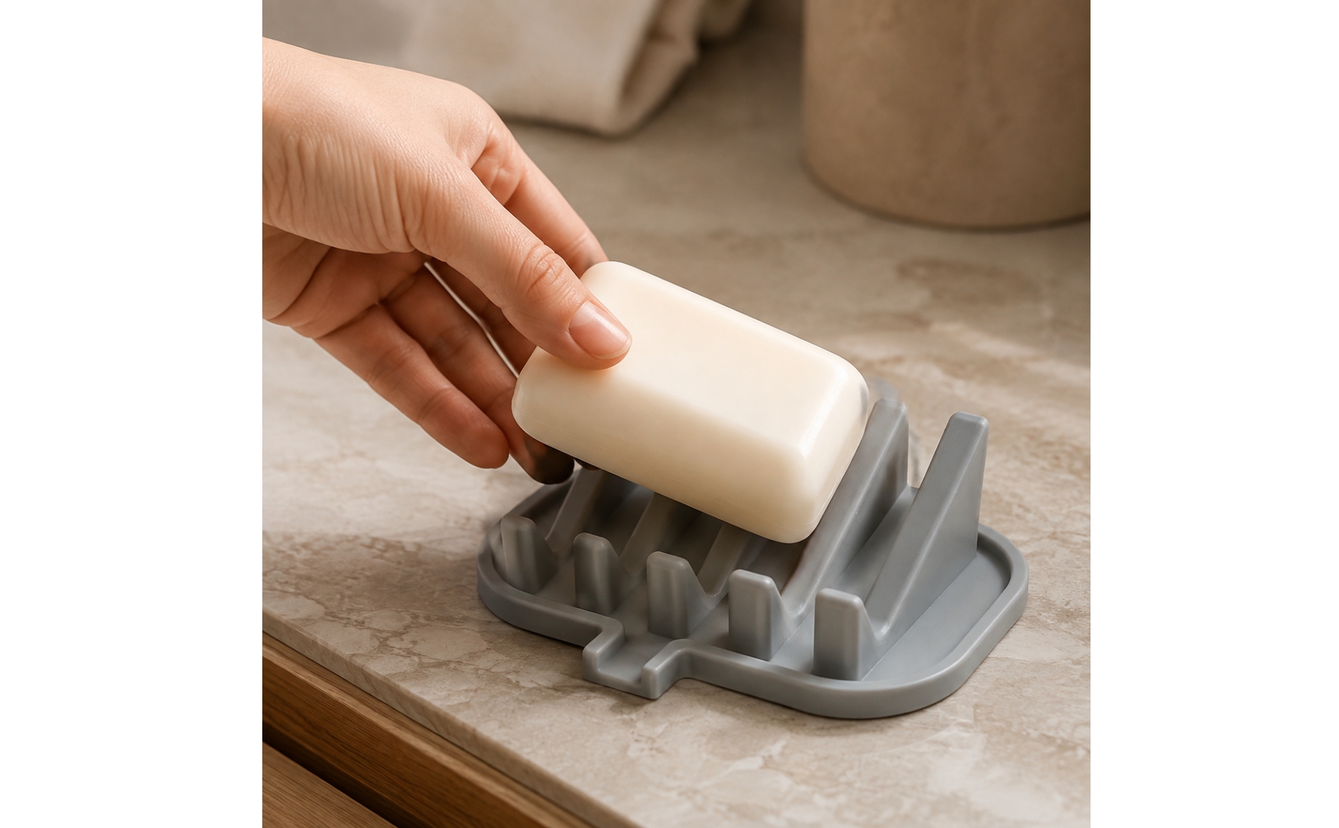 Rectangular Silicone Soap Tray Ribbed Surface for Bathroom Counter, Kitchen Sink