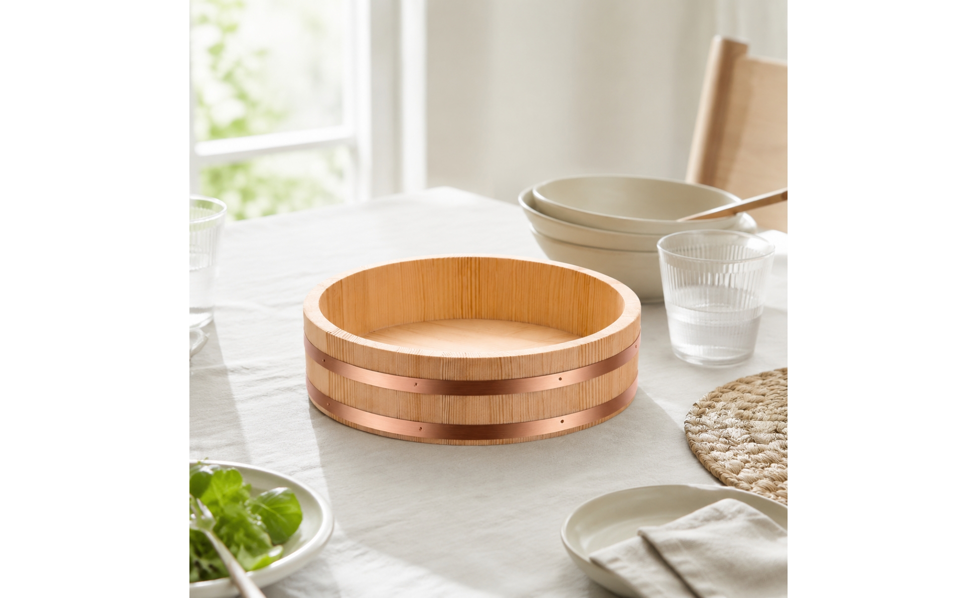 Round Wooden Rice Bowl Japanese Wooden Rice Bowl with Horizontal Bands Versatile