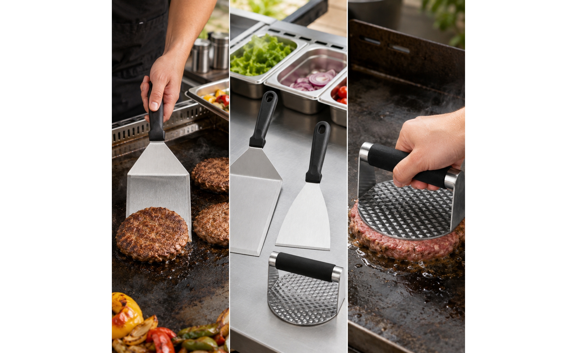 3 Pieces Grilling Tools Ergonomic Bbq and Meat Press Set Complete