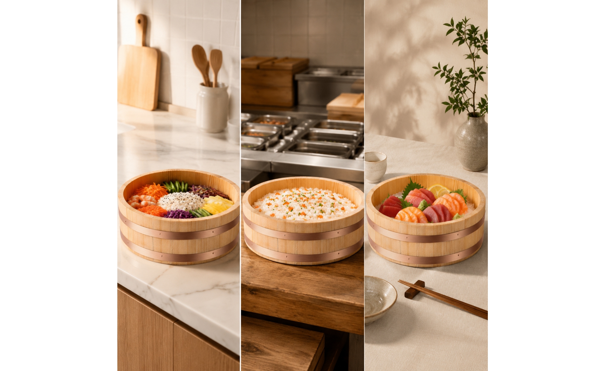 Round Wooden Rice Bowl Japanese Wooden Rice Bowl with Horizontal Bands Versatile