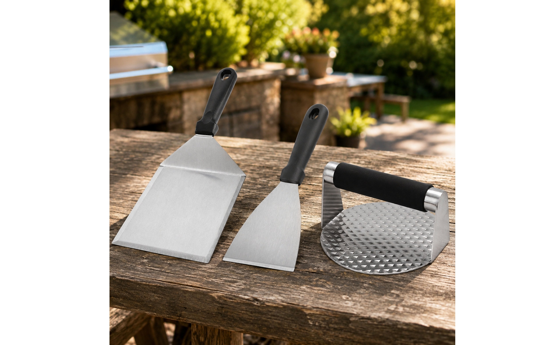 3 Pieces Grilling Tools Ergonomic Bbq and Meat Press Set Complete