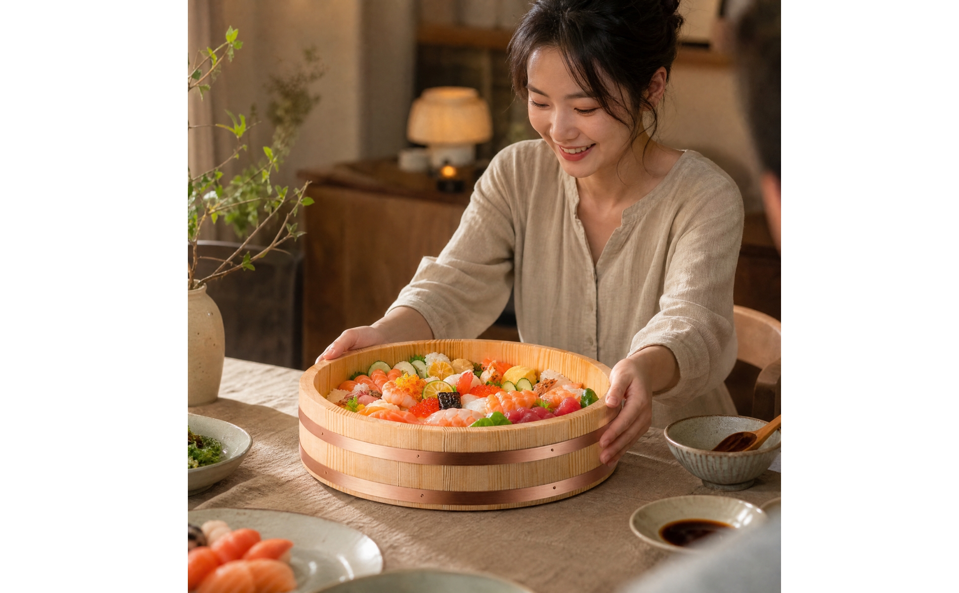 Round Wooden Rice Bowl Japanese Wooden Rice Bowl with Horizontal Bands Versatile