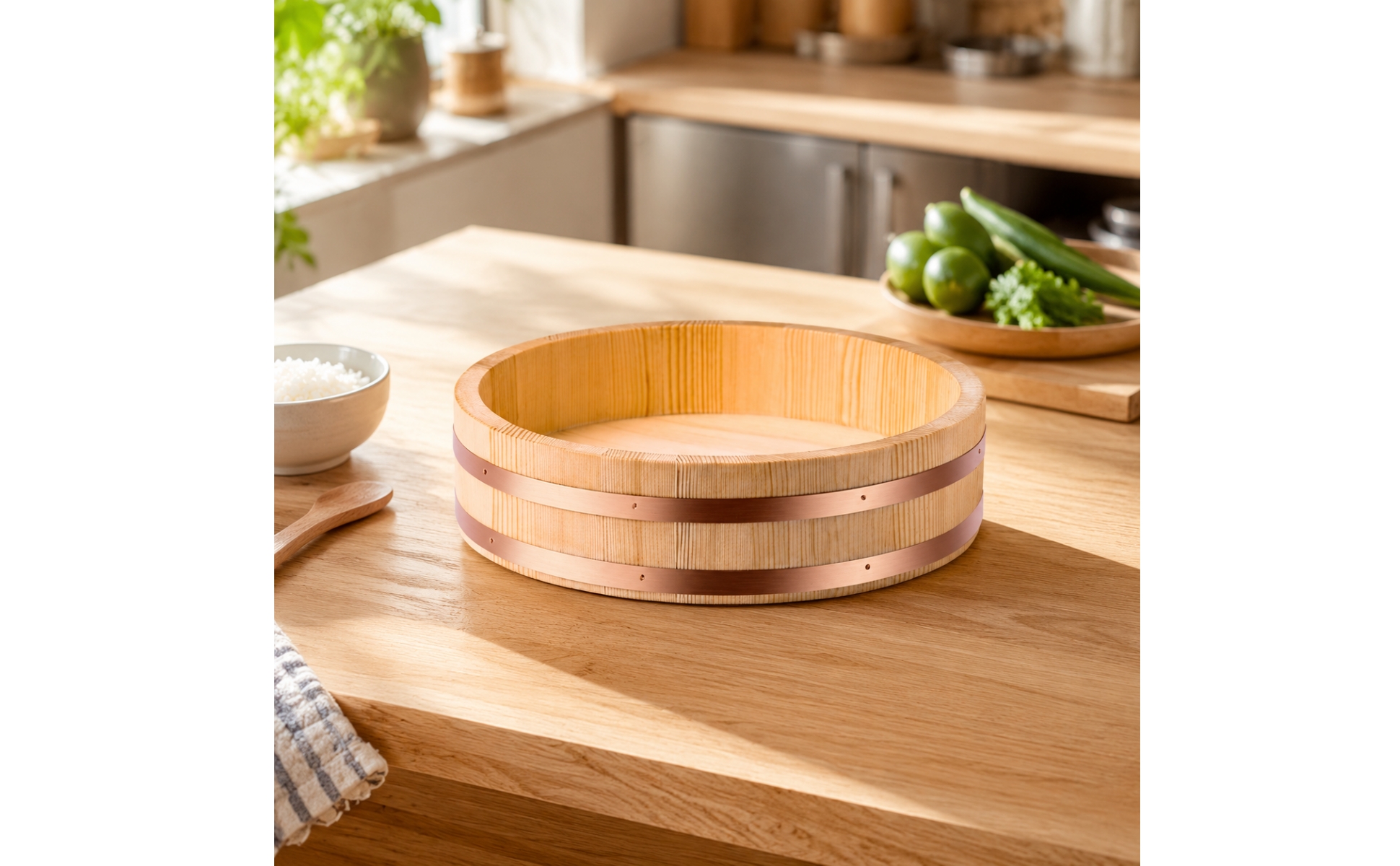 Round Wooden Rice Bowl Japanese Wooden Rice Bowl with Horizontal Bands Versatile