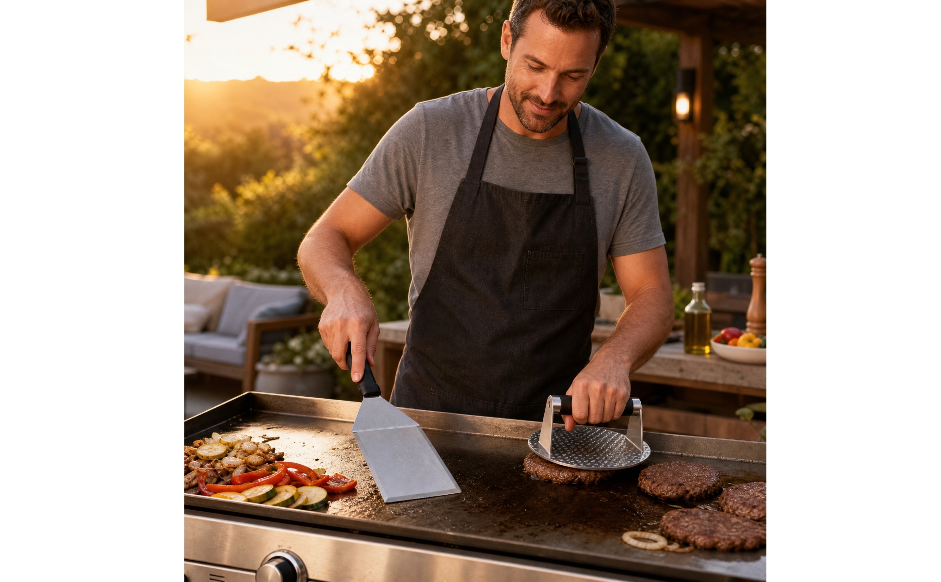 3 Pieces Grilling Tools Ergonomic Bbq and Meat Press Set Complete